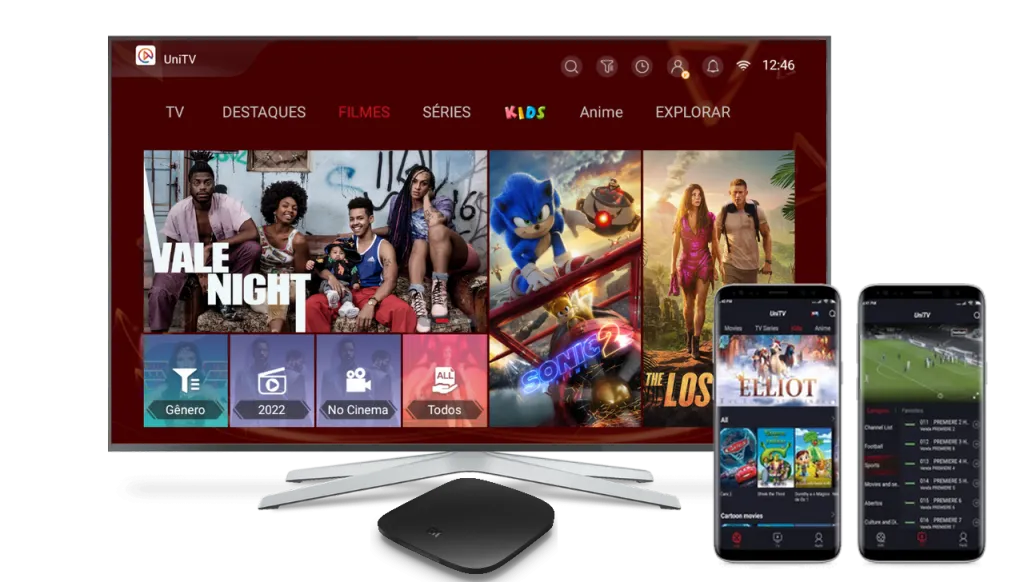 Interface UniTV na TV e no celular
